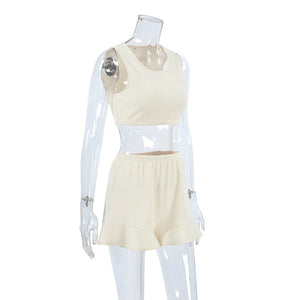 Ruffled Knitted Suspender Shorts Home Wear Soft Pajamas Two-piece Set