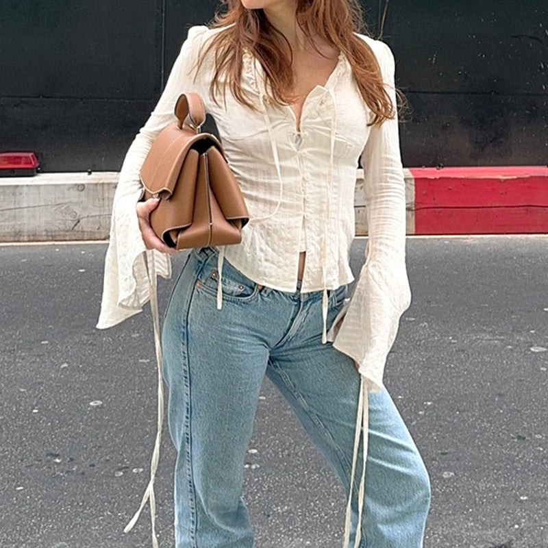 Gentle Girl Ruffled Solid Color Versatile Top Women