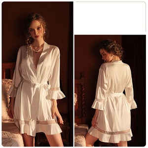 Women's Pajamas Panel Ruffle Tie Robe Bathrobe Homewear Set