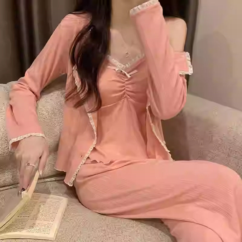 Pajamas Three-piece Set With Chest Pad Simple Casual Strap Lace