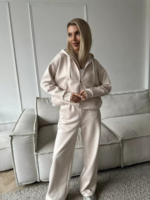 European And American Solid Color Long Sleeve Zipper Cardigan Hoodie Lace-up Trousers Two-piece Set
