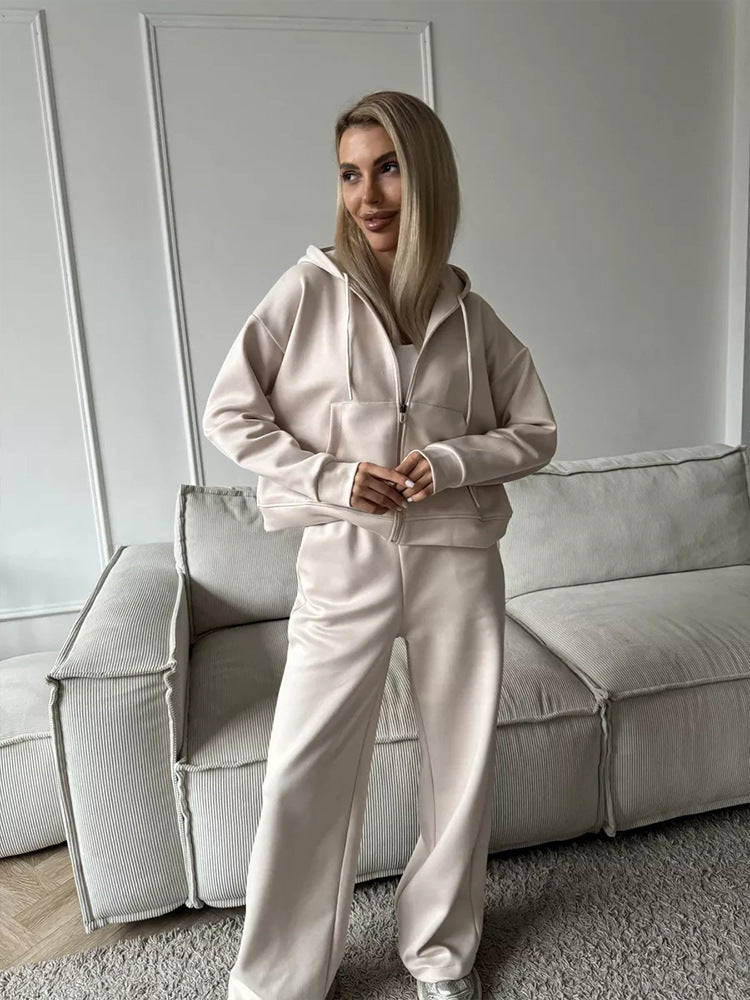 European And American Solid Color Long Sleeve Zipper Cardigan Hoodie Lace-up Trousers Two-piece Set