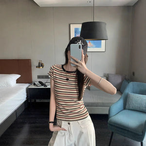 Contrast Color Striped Round Neck Short Sleeve Women's Shoulder Top