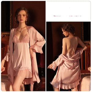 Women's Pajamas Panel Ruffle Tie Robe Bathrobe Homewear Set