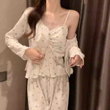 Pajamas Three-piece Set With Chest Pad Simple Casual Strap Lace
