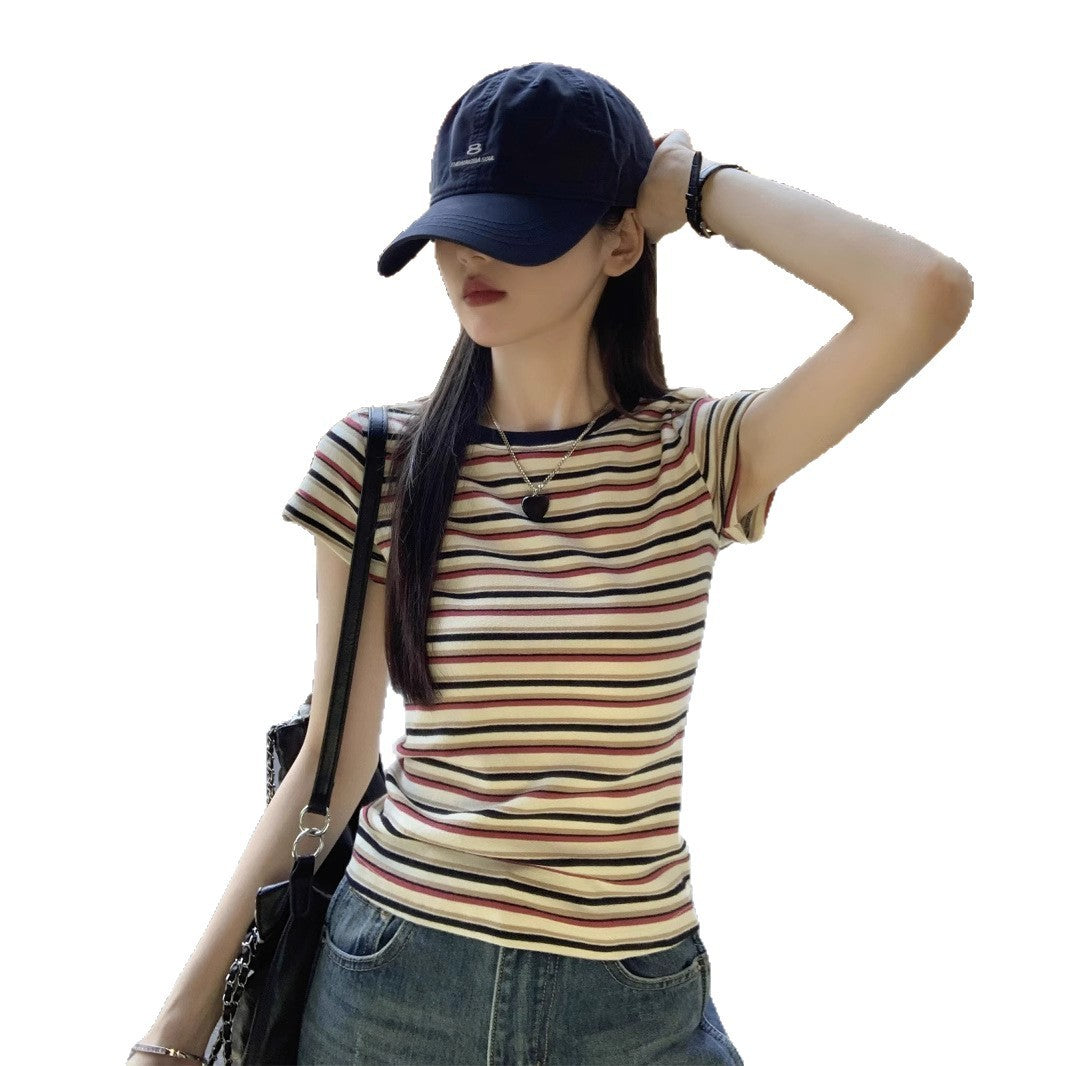 Contrast Color Striped Round Neck Short Sleeve Women's Shoulder Top