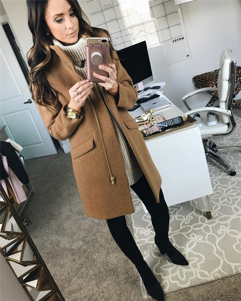 Fashion mid-length zipper stand collar woolen coat women