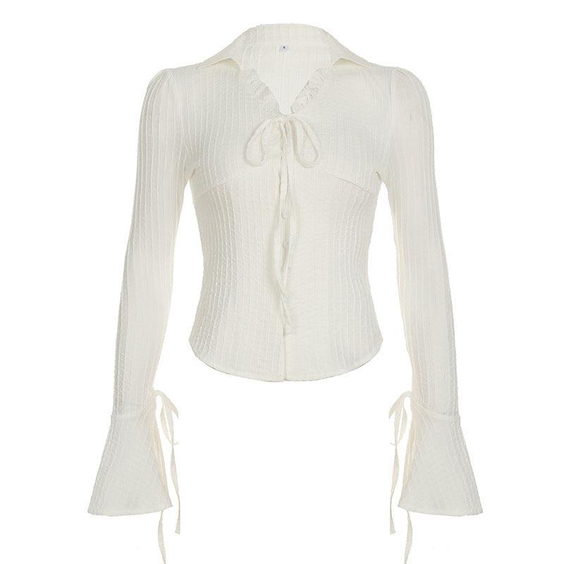 Gentle Girl Ruffled Solid Color Versatile Top Women