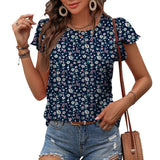 Casual Round Neck Pleated Chiffon Shirt Ruffle Sleeve Top