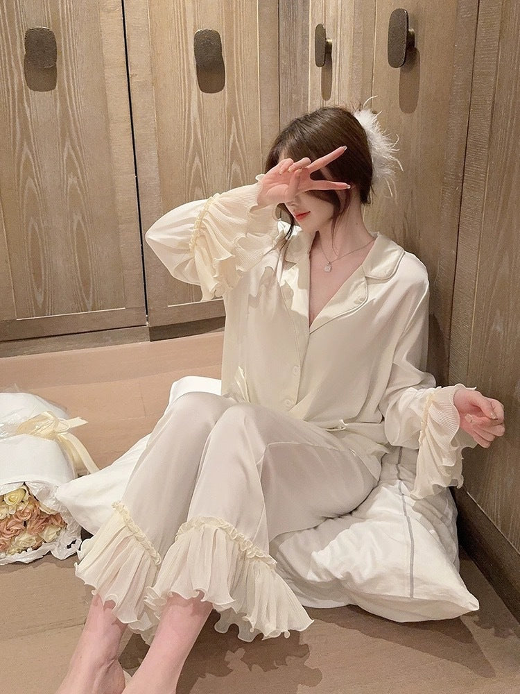 Fashion Ice Silk Pajamas Ruffled Women