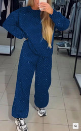 Women's Casual Round Neck Drilling Drawstring Ankle-tied Two-piece Suit